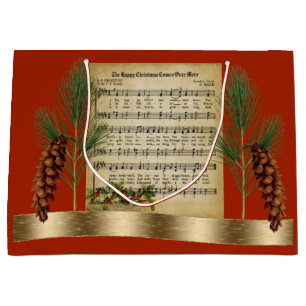 Glückliche Weihnachtsmusik mit Pine Boughs Vintag Große Geschenktüte