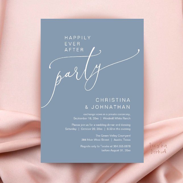 Glückliche Zeit Party, Moderne Empfangs-Dinner Einladung (Happily Ever After Party, Modern Reception Dinner Invitation Card in Dusty Blue)