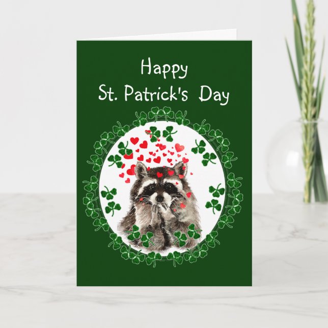 Glücklichen St Patrick TagesKleeblattraccoon-Küsse Karte (Vorderseite)