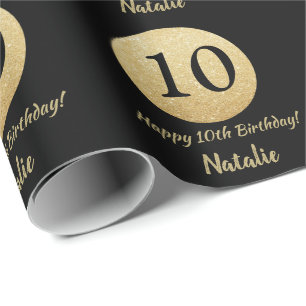 Glücklicher 10. Geburtstag Schwarz und Gold Glitz Geschenkpapier