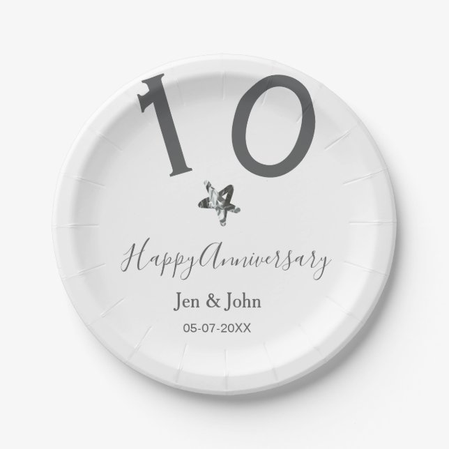 Glücklicher 10-jähriger Jubiläumsname Datum grauer Pappteller (Vorderseite)