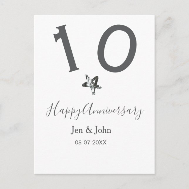 Glücklicher 10-jähriger Jubiläumsname Datum grauer Postkarte (Vorderseite)