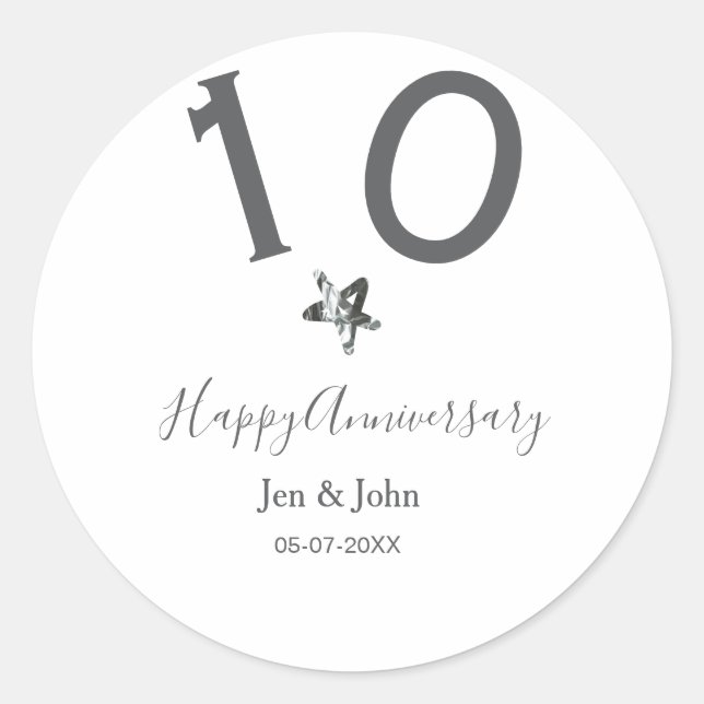 Glücklicher 10-jähriger Jubiläumsname Datum grauer Runder Aufkleber (Vorderseite)