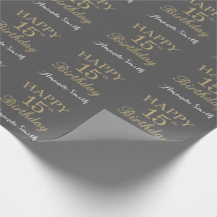Glücklicher 15. Geburtstag Gold Glitzer und Grau Geschenkpapier