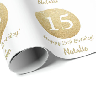 Glücklicher 15. Geburtstag Gold Glitzer und White Geschenkpapier