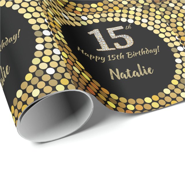 Glücklicher 15. Geburtstag Schwarz und Gold Glitze Geschenkpapier (Rolleneckpunkt)