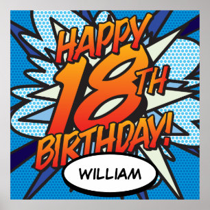 GLÜCKLICHER 18. GEBURTSTAG Comic Book Pop Art blau Poster