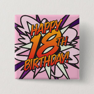 GLÜCKLICHER 18. GEBURTSTAG Pink Fun Retro Comic Bo Button