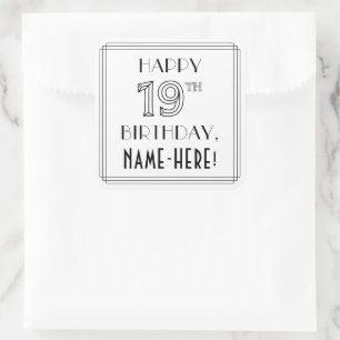 GLÜCKLICHER 19. GEBURTSTAG, Art-Déco-Stil, Individ Quadratischer Aufkleber