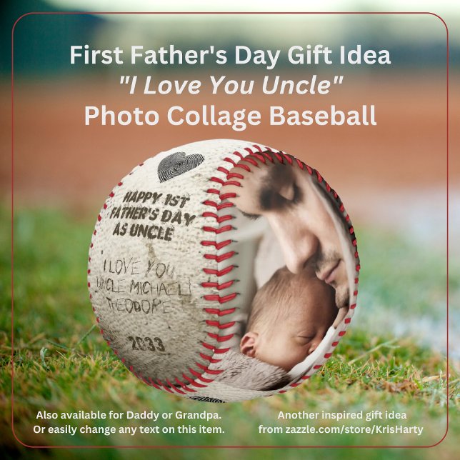 Glücklicher 1. Vatertag Onkel Foto Collage Keepake Baseball (Happy First Father's Day as Uncle I Love You Uncle [NAME] 2 Photo Collage Faux Scruffed Up Baseball )