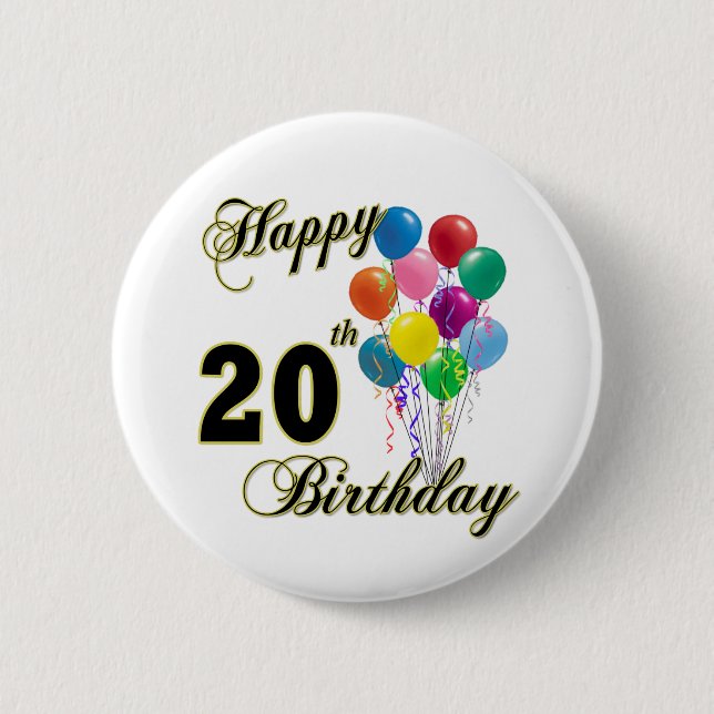 Glücklicher 20. Geburtstag mit Ballonen Button (Vorderseite)