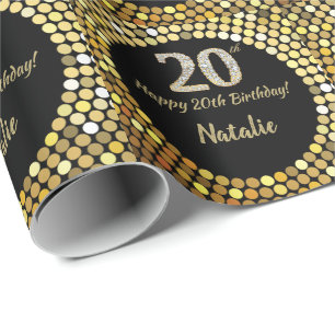 Glücklicher 20. Geburtstag Schwarz und Gold Glitze Geschenkpapier