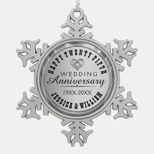 Glücklicher 25. Hochzeitstag Schneeflocken Zinn-Ornament (Vorderseite)