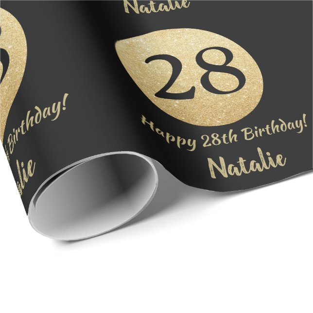 Glücklicher 28. Geburtstag Schwarz und Gold Glitze Geschenkpapier (Rolleneckpunkt)