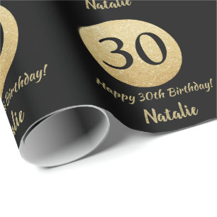 Glücklicher 30. Geburtstag Schwarz und Gold Glitz Geschenkpapier