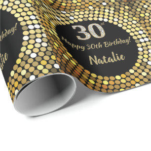 Glücklicher 30. Geburtstag Schwarz und Gold Glitze Geschenkpapier