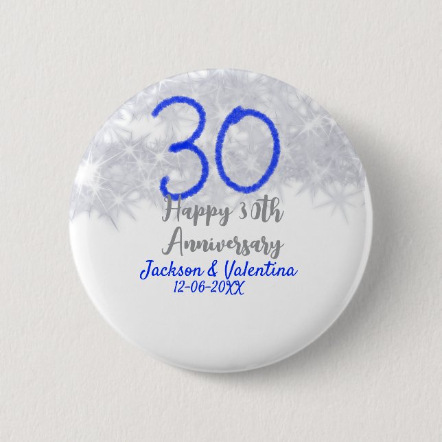 Glücklicher 30. Hochzeitstag silberner blauer Glit Button (Vorderseite)