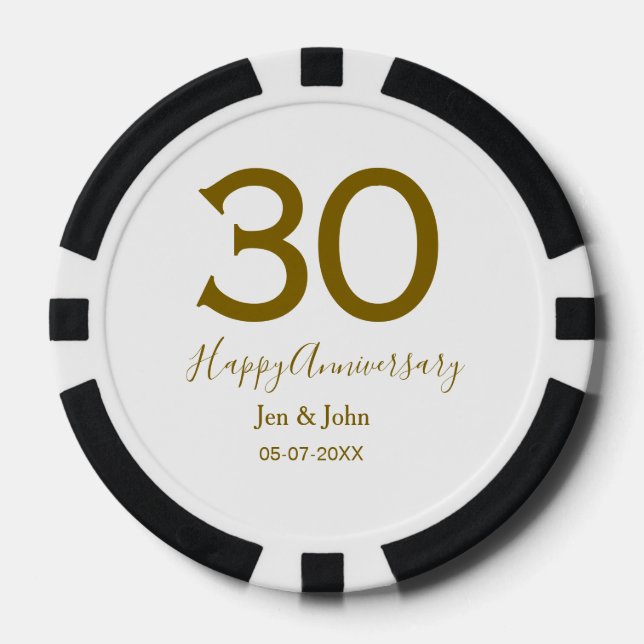 Glücklicher 30-jähriger Jubiläumsname Datum golden Pokerchips (Vorderseite)