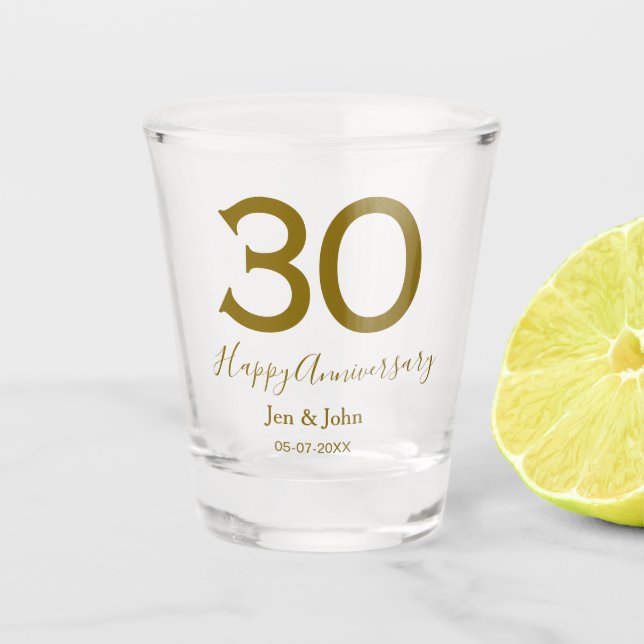 Glücklicher 30-jähriger Jubiläumsname Datum golden Schnapsglas (Vorderseite)