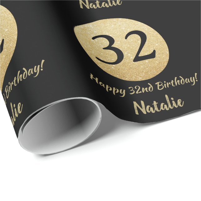 Glücklicher 32. Geburtstag Schwarz und Gold Glitze Geschenkpapier (Rolleneckpunkt)