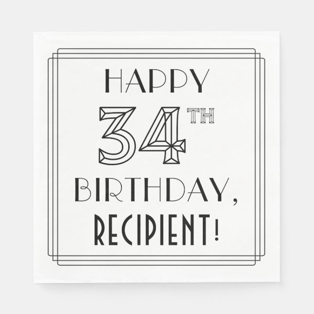 GLÜCKLICHER 34. GEBURTSTAG; Art-Déco-Stil; Individ Serviette (Vorderseite)