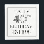 GLÜCKLICHER 40. GEBURTSTAG; Art-Déco-Stil; Individ Serviette<br><div class="desc">Dieser stilistische Deko aus den 1920er-1930er-Jahren sieht aus wie ein Geburtstagspapier und hat die Meldung "HAPPY 40TH BIRTHDAY", zusammen mit einem personalisierten Empfängernamen. Die Zahl "40TH" hat ein extravagant geometrisch gegliedertes Aussehen, und um die Geburtstagsgrüßbotschaft gibt es auch einen gesäumten Rahmen. Geburtstagsbezogene Papierservietten wie diese könnten sich bei einer Geburtstagsparty...</div>