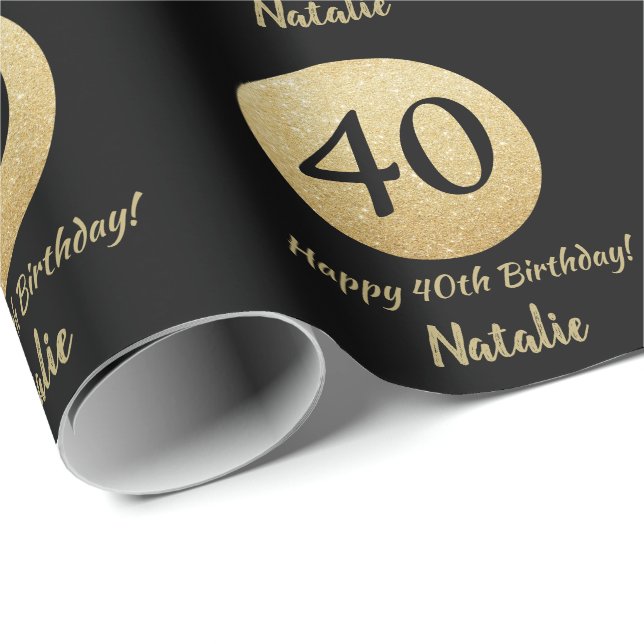 Glücklicher 40. Geburtstag Schwarz und Gold Glitze Geschenkpapier (Rolleneckpunkt)