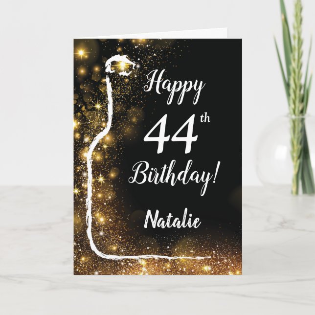 Glücklicher 44. Geburtstag Glitzer Wein aus Schwar Karte (Vorderseite)