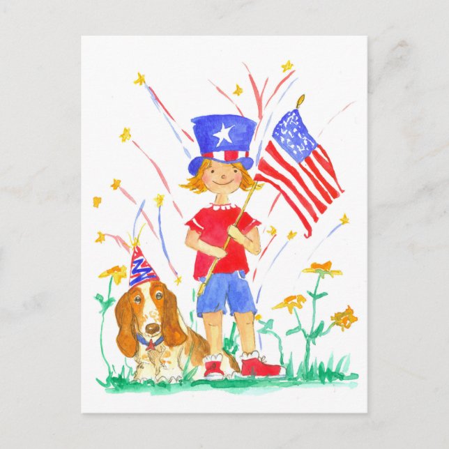 Glücklicher 4. Juli Patriotic Girl Hound Hund Postkarte (Vorderseite)