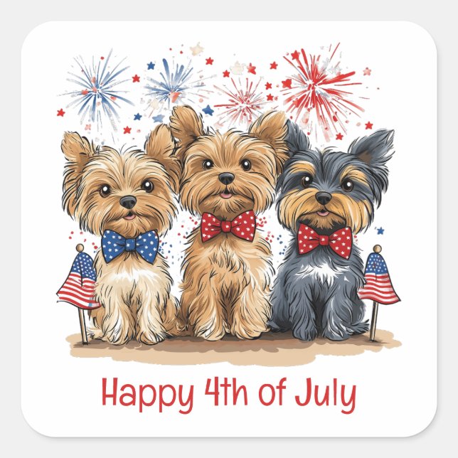 Glücklicher 4. Juli Yorkshire Terrier Dogs Quadratischer Aufkleber (Vorderseite)