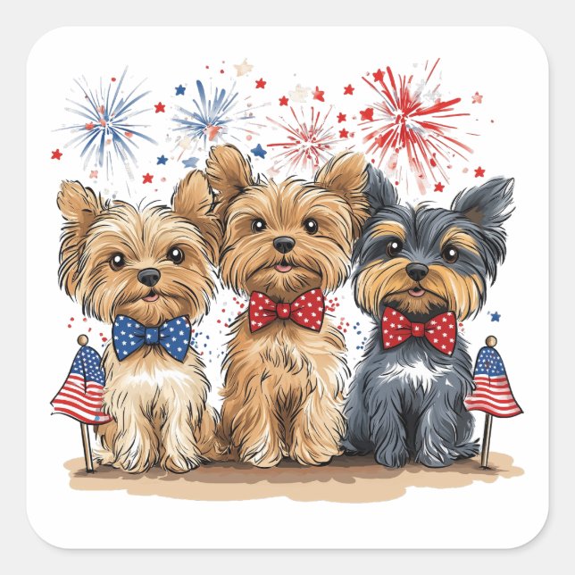 Glücklicher 4. Juli Yorkshire Terrier Dogs Quadratischer Aufkleber (Vorderseite)