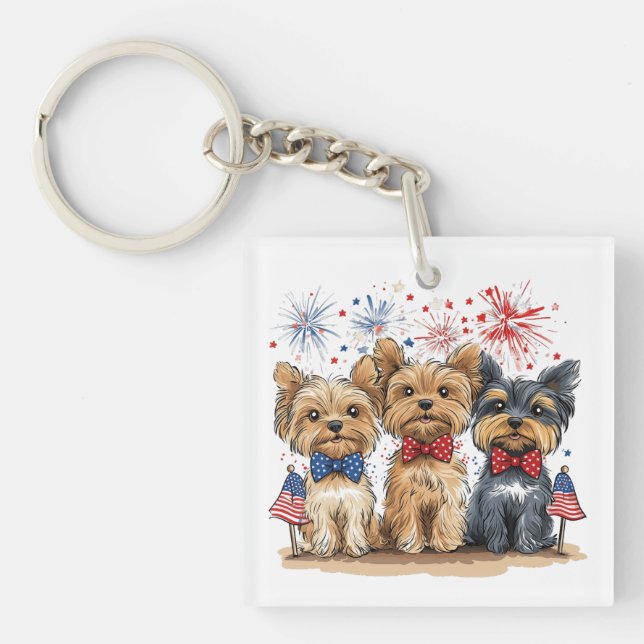 Glücklicher 4. Juli Yorkshire Terrier Dogs Schlüsselanhänger (Vorderseite)