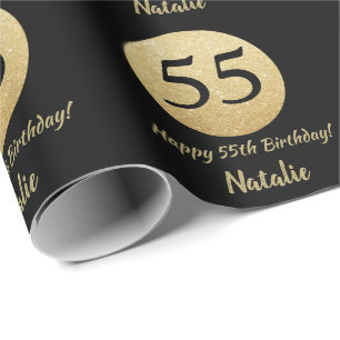 Glücklicher 55. Geburtstag Schwarz und Gold Glitz Geschenkpapier