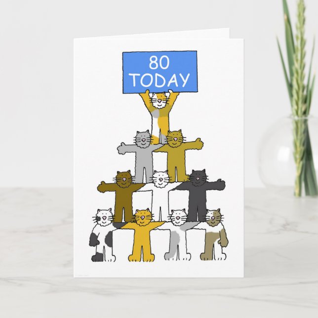 Glücklicher 80. Geburtstag, Cartoon-Katzen Karte (Vorderseite)