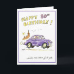 Glücklicher 80. Geburtstag Karte<br><div class="desc">Lustige Grußkarte für 80. Geburtstag. Dame im alten Auto mit Gewerkschafts-Jack Headscarf,  der weg läuft,  um ihren Geburtstag zu genießen.</div>