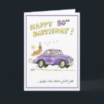 Glücklicher 80. Geburtstag Karte<br><div class="desc">Lustige Grußkarte für 80. Geburtstag. Dame im alten Auto mit Gewerkschafts-Jack Headscarf,  der weg läuft,  um ihren Geburtstag zu genießen.</div>