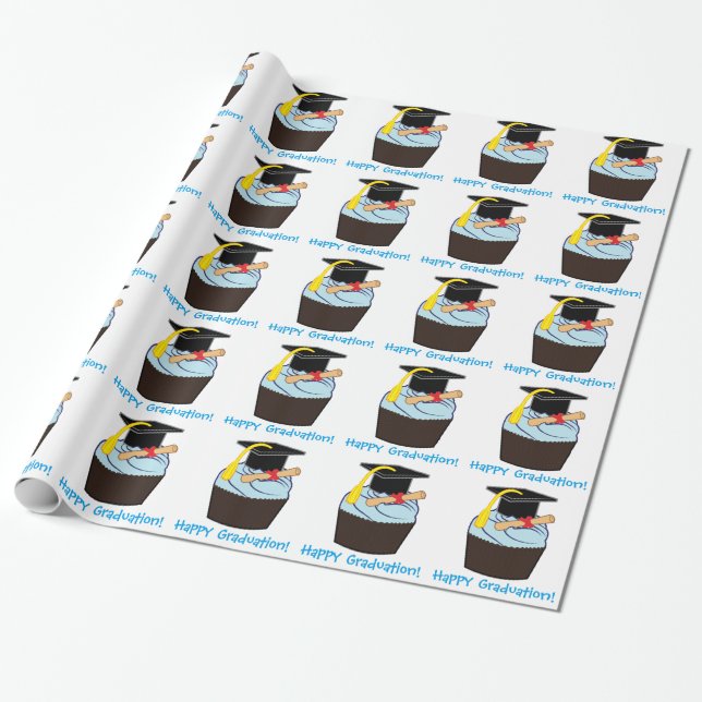 Glücklicher Abschluss mit kleinem Kuchen und Geschenkpapier (Ungerollt)
