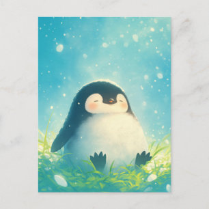 Glücklicher Baby Pinguin auf einer grasigen Schnee Postkarte