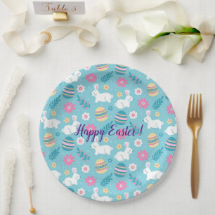 Glücklicher benutzerdefinierter Osterhase Floral Pappteller