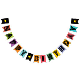 GLÜCKLICHER BIRTHDAY □ SCHWARZ TEXT AUF MULTIFARBB WIMPELKETTE