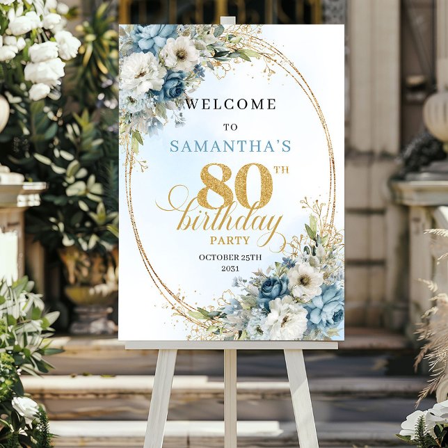 Glücklicher Boho staubblauer goldener 80. Geburtst Poster (Happy Boho dusty blue gold 80th birthday welcome)