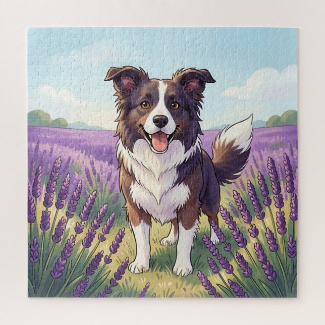 Glücklicher Border Collie auf einem Lavendelfeld (Vertikal)