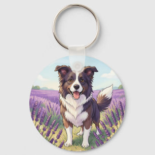 Glücklicher Border Collie auf einem Lavendelfeld Schlüsselanhänger
