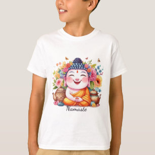 Glücklicher Buddha Yoga Namaste Mit Tee Und Blumen