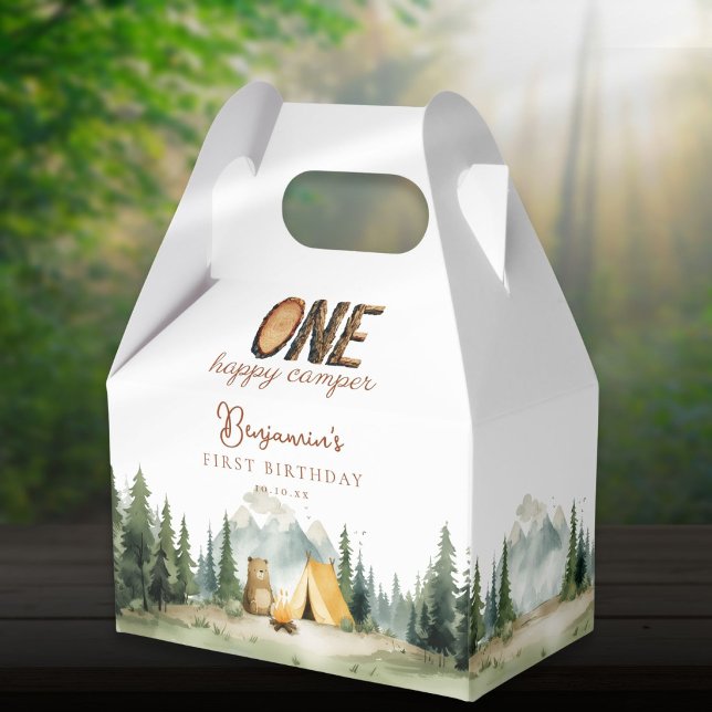 Glücklicher Camper Teddybär 1. Geburtstag Geschenkschachtel (Happy Camper Teddy Bear 1st Birthday Favor Boxes)