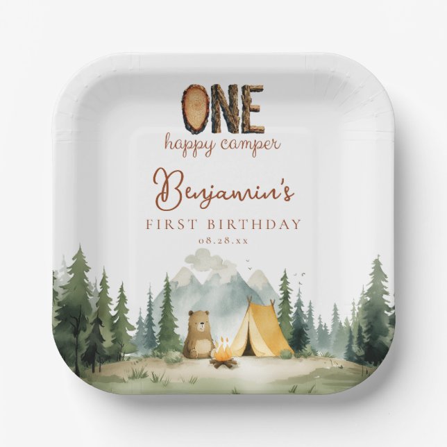 Glücklicher Camper-Teddybär 1. Geburtstag Pappteller (Vorderseite)