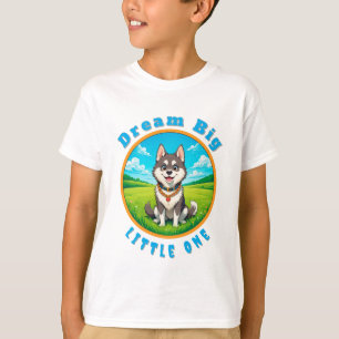 Glücklicher Cartoon-Husky-Hund sitzt im Freien T-Shirt
