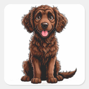Glücklicher Cartoon Lockenhund-Welpe lächelnd Quadratischer Aufkleber