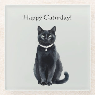 Glücklicher Caturday Schwarze Katze Glasuntersetzer