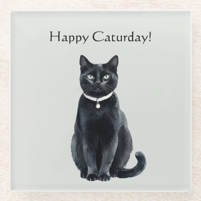 Glücklicher Caturday Schwarze Katze Glasuntersetzer (Vorderseite)